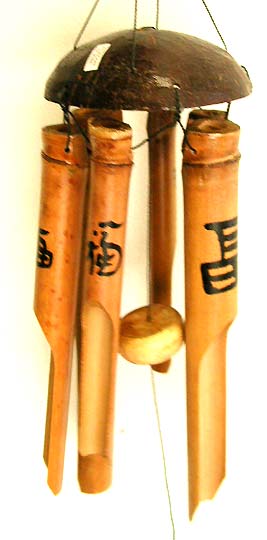 Chime wall - light brown bamboo wind chime with Chinses greeting word and flat nut shell top.