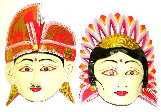 Indian mask - assorted color painted male and femal buddha head mask.
