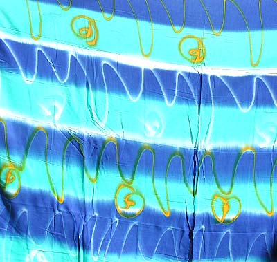 Tie dye rayon sarong from Indonesia, bright blue, white and yellow, $4.75 each