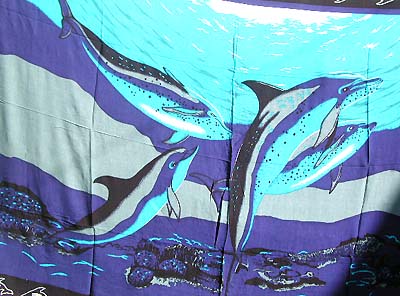 Sarong of Sealife figure with blue dolphins in ocean. Dolphins, friends of human beings, form a unique picture of the wraparound skirt. You can use it as wall hanging or tablecloth, a bedcover or even a shawl. $4.75  EACH