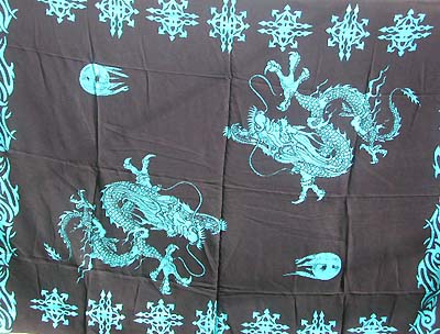 Asian power pareo with blue double dragons playing blue pearls in dark