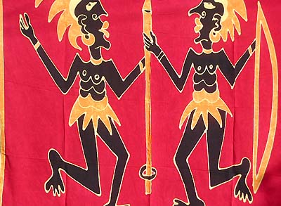 Primitive motif red pareo with two tribal woman dancing together
