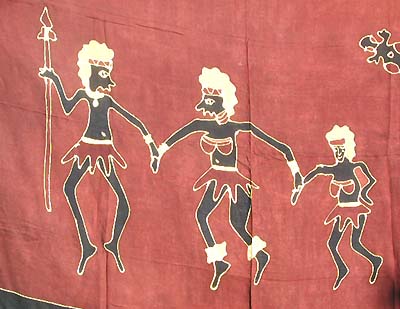 Tribal motif lunghi in brown with primitive family figure dancing together
