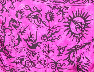 Print primitive pareau with majestic animals, celestial bodies and Yin Yang symbol