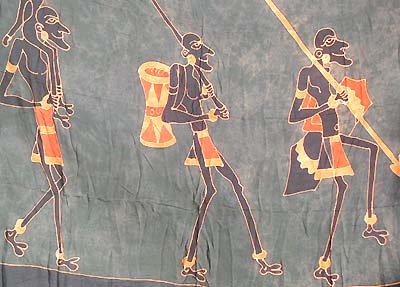 Tribal theme sulu in black with tribal men figure holding working tools