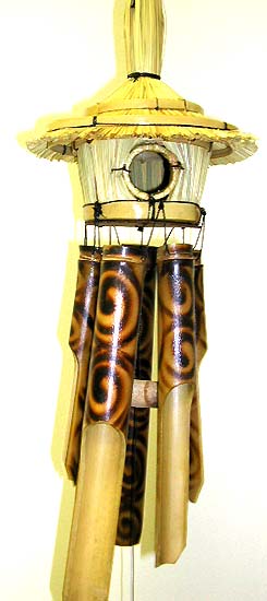 Bali home product handmade importer wholesale bamboo windchime with fire symbol painted on and a bird house on top