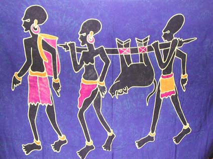 Wholesale clothing and woman's fashion - blue background color with three tribal man figure holding their hunting animal 