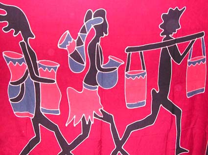 Indonesia hand painting tribe pareo sarong wholesale clothing and woman's fashion - three tribal women figure holding busket / water bottle design on pinky background color motif