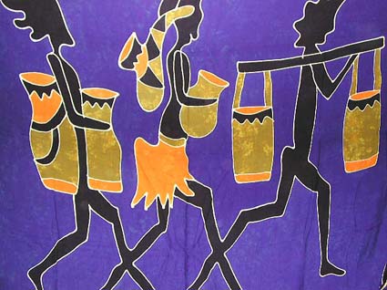 Wax prints batik, african fashion wear kanga, Leso, sarong supply - three tribal women figure holding yellow busket / water bottle design on blue background color motif 