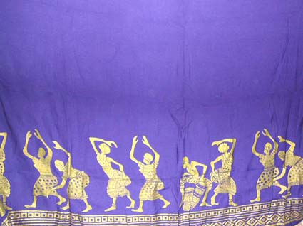 Rayon Batik Sarong from Indonesia - Natural blue rayon sarong wrap with multi yellow dancing figures on stage pattern design