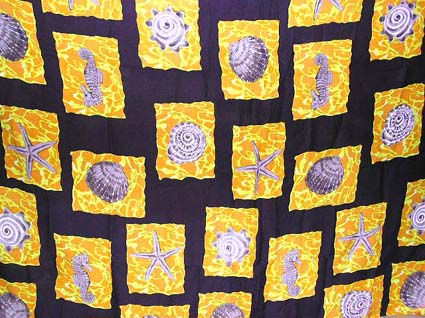 Batik sarong,summer dress - Black Batik rayon sarong with multi sea creature (sea star, sea shell etc.) on yellow color rockie pattern design