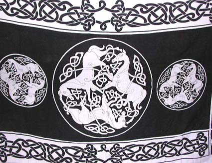 Batik sarong,summer dress -Celtic knot work surrounded black center motif Batik rayon sarong with three horse circle design