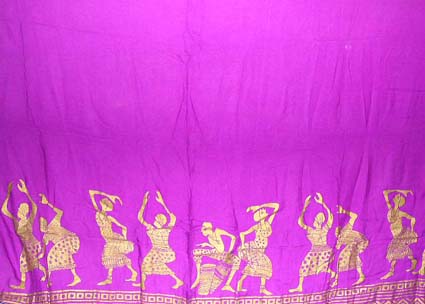 hip hop Gophic clothing wholesaler -Purple monocolor rayon sarong wrap with multi yellow dancing figures on stage pattern design 
