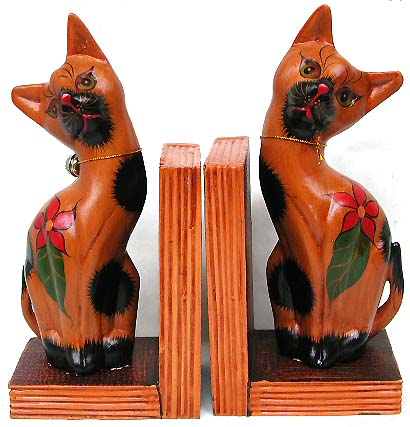 Wooden kids room decor - assorted color wooden cat with bell sitting on stand fashion bookend set
