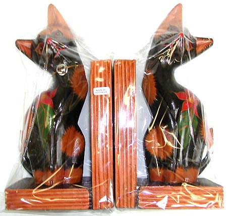 Wooden kids room decor - assorted color wooden cat with bell sitting on stand fashion bookend set
