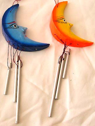 Kids room decor - wood carving blue / orange new moon pattern design fashion windchime with metal pipes