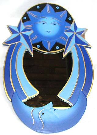 Kid room decor - blue sun moon star fashion wooden mirror
