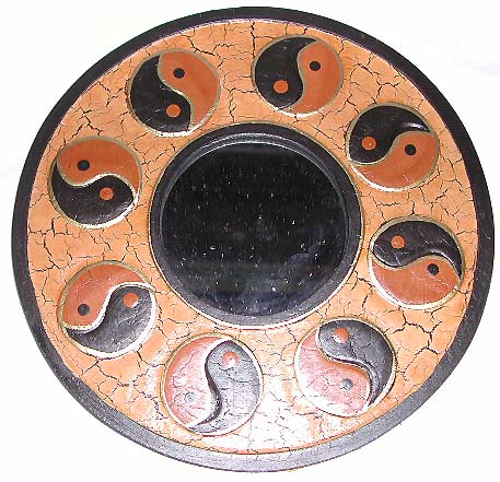 Oriental art craft supply - YinYang pattern design tan crack rounded wooden mirror 