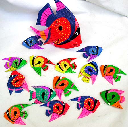 Classroom decor idea - multi color painted wooden fish mobile