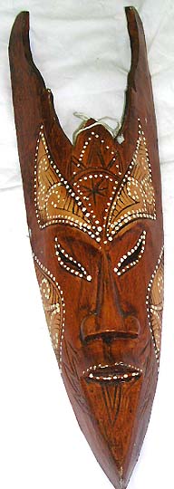 Light brown fire edge top wooden mask with white dotted fox eyes and sharp chin 