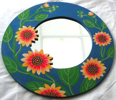 Floral gift wholesaler supplier wholesale rounded blue wooden mirror with yellow sun flower decor 