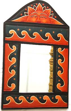 Wholesale wood crafts and wooden mirror with blue orange color wave pattern 
