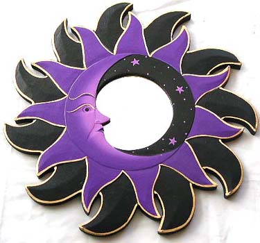 wholesale wood carving, woodcarving wall decor, Black purple double fire edge wooden mirror with moon star decor 