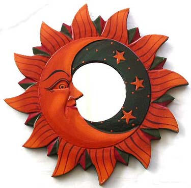 Indonesian art wholesale online supply , Orange blue fire comet edge design wooden mirror with moon star decor