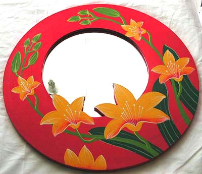 Rounded red wooden mirror with yellow lily flower decor 