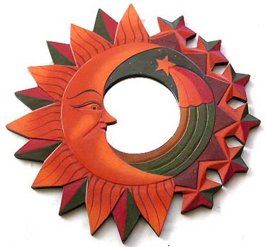 Multi color double comet edge and star design wooden mirror with tan moon and shooting star decor 