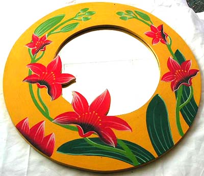 Rounded yellow wooden mirror with red lily flower decor