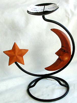 Iron candle holder with cradle moon star design, tan or blue color randomly pick