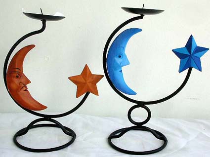 Iron candle holder with cradle moon star design, tan or blue color randomly pick