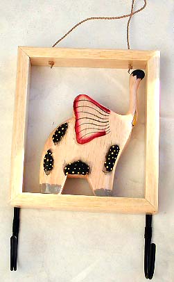 Single elephant in frame wooden hanger with 2 hooks