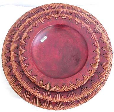 Coconut wood brown dish plate set with rattan sewing edge, set of 3 pieces