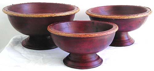 Coconut wood brown round bowl set with rattan sewing edge, set of 3 pieces