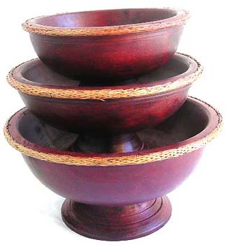 Coconut wood brown round bowl set with rattan sewing edge, set of 3 pieces