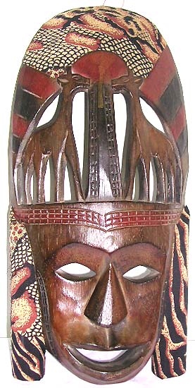 Carved-out double giraffe top happy face design wooden mask with empty eye holes and mouth, assorted color randomly pick