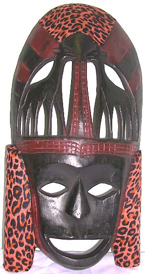 Carved-out double giraffe top happy face design wooden mask with empty eye holes and mouth, assorted color randomly pick