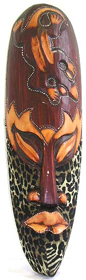 Gecko top long deep brown wooden mask with animal skin fabric on face and yellow decor on eyes and lips, assorted color randomly pick