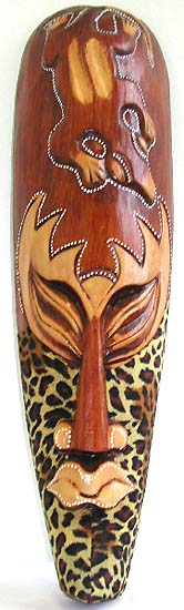 Gecko top long deep brown wooden mask with animal skin fabric on face and yellow decor on eyes and lips, assorted color randomly pick