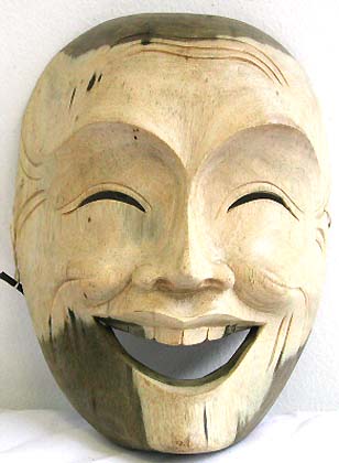 White wooden happy old man face mask with open mouth showing teeth