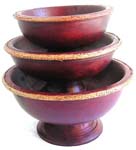 Coconut wood brown round bowl set with retan sewing edge, set of 3 pieces