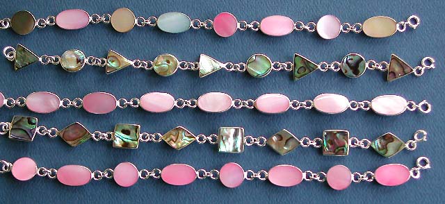 wholesale lot of pink shell and paua shell, mother of pearl seashell silver bracelets