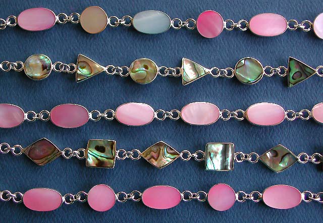 Sterling silver jewelry from Thailand and Bali Indonesia, sterling silver bracelet with pink seashell, paua shell and  solid 925 sterling silver setting