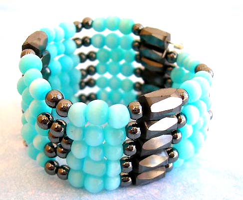 2005 fashion trend, one string forming hematite bracelet with multi blue cat eye stones and faceted magnetic hematite beads