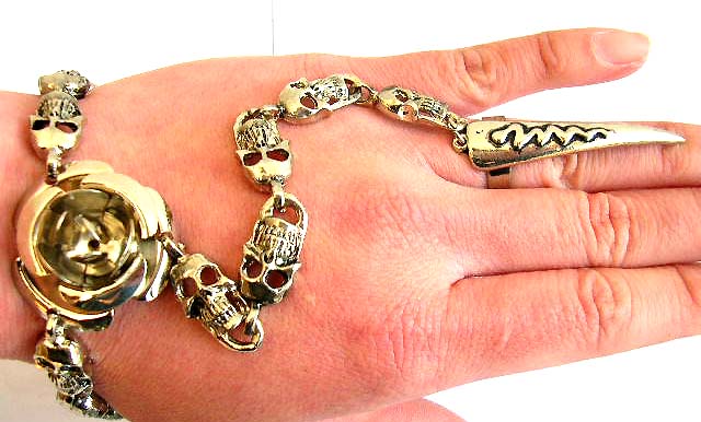Medieval, goth, romantic rose flower skull dead jewelry gift -toggle slave bracelet with sharp nail half armour ring and skull link chain 