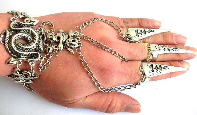 wholesale gothic fashion gothic style jewelry and accessory - slave bracelet with serpent snake and 3 chain in sharp nail armour rings and jiggle bells    