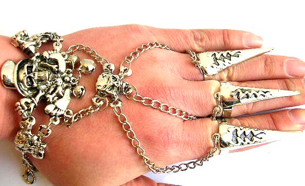 wholesale skull jewelry gothic jewelry - skeleton skull and cross bones metal slave bracelet chainmail and sharp nail rings      