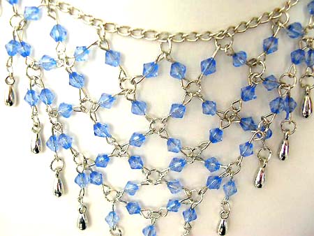 Fashion necklace and earring set, chain necklace with multi light blue rhinestone embedded web shape dangle pendant at center, beaded fish hook earring for match up